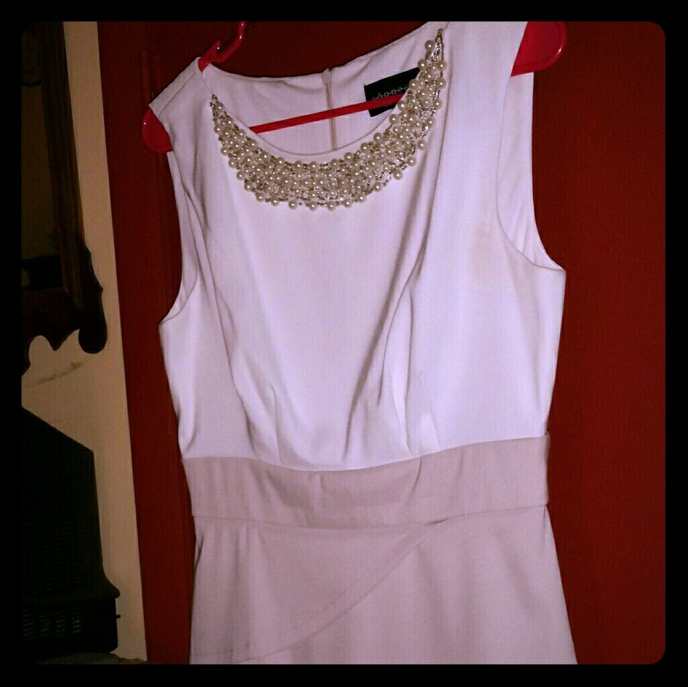 Faux-Pearl Embellished Cream and Tan Formal Dress